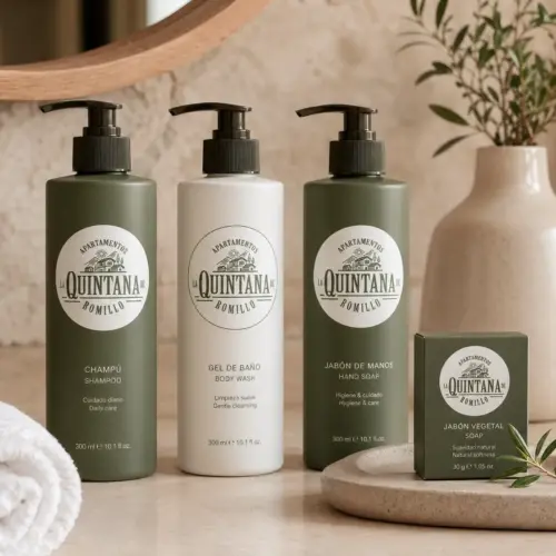 Botes de amenities con etiquetas de La Quintana de Romillo en baño de hotel rural