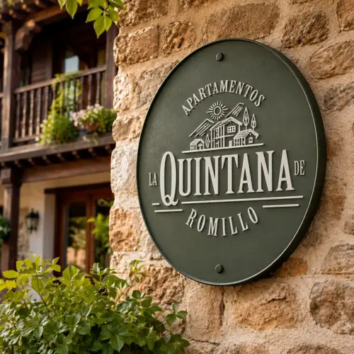 Rótulo circular de La Quintana de Romillo sobre fachada de piedra en Asturias