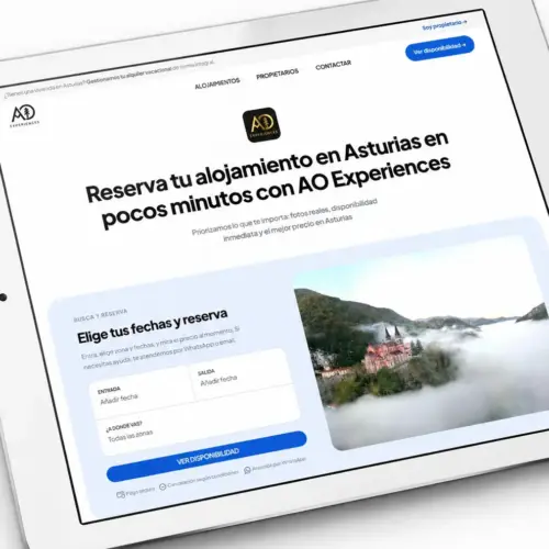 Mockup del diseño web de AO Experiences, portal de alojamientos turísticos en Asturias