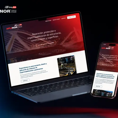 Web de Aplinor mostrada en portátil y móvil sobre fondo oscuro industrial