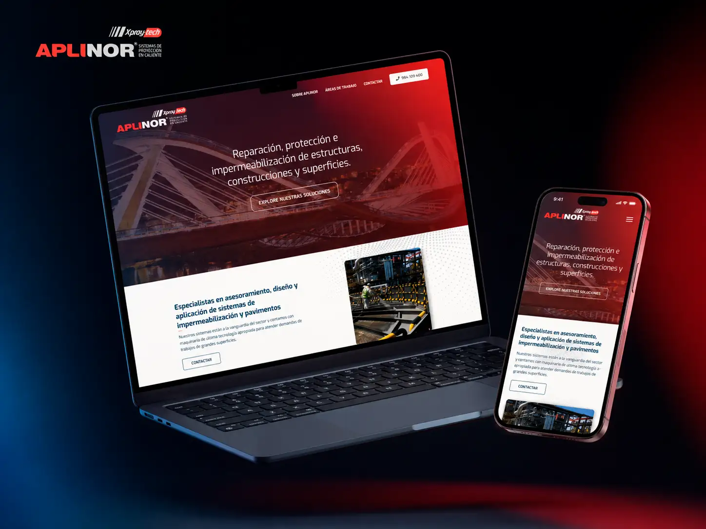 Web de Aplinor mostrada en portátil y móvil sobre fondo oscuro industrial