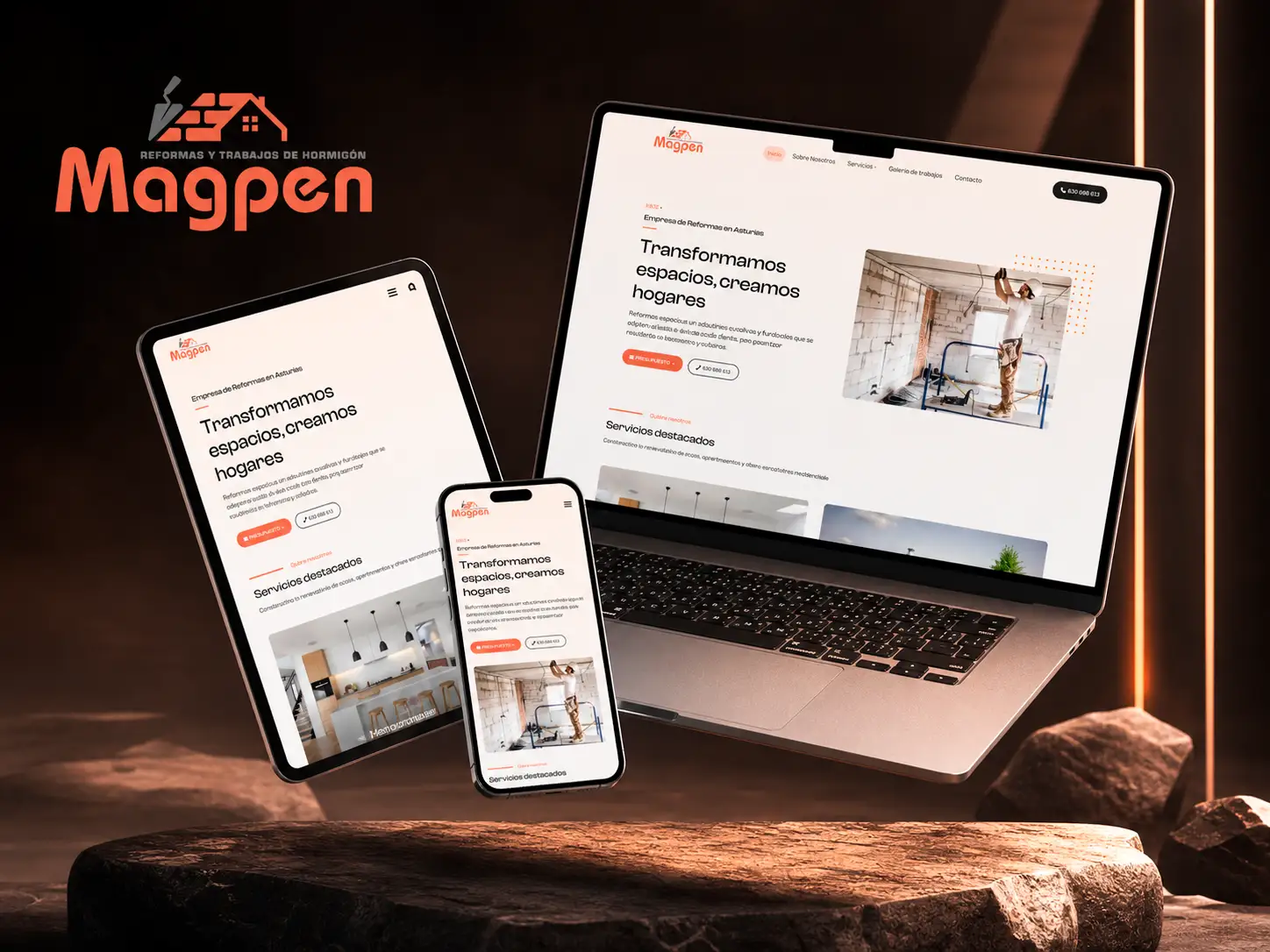 Web responsive de Magpen Reformas mostrada en portátil, tablet y móvil