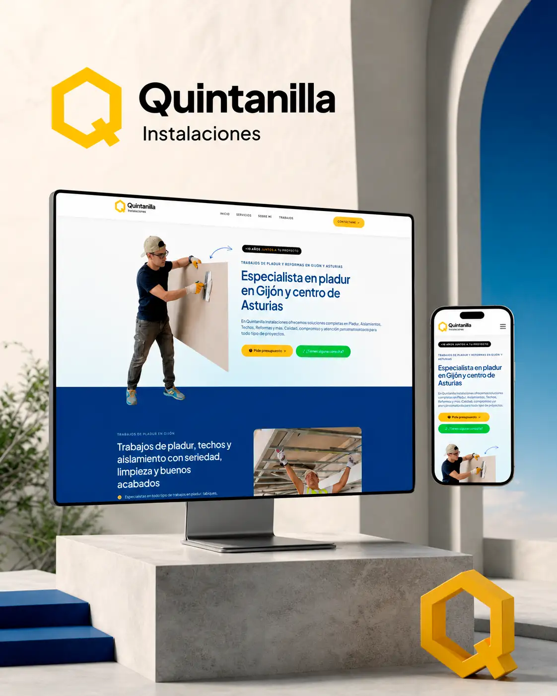 Web responsive de Quintanilla Instalaciones mostrada en ordenador y móvil