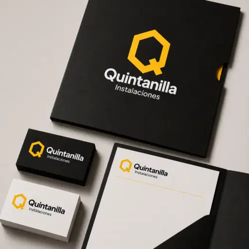 Carpeta, tarjetas y documentos con logotipo de Quintanilla Instalaciones