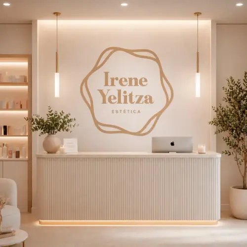 Mostrador de recepción con logotipo de Irene Yelitza Estética en Oviedo